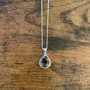 Pear shaped Smokey Quartz, 14K white gold necklace with round cut diamond halo